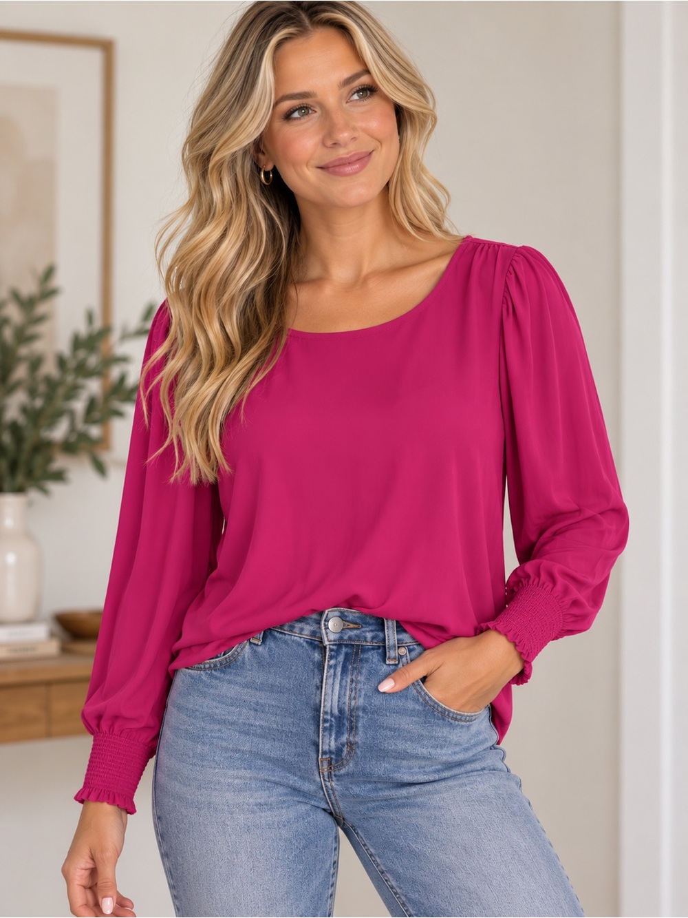 NWOT white birch Fuchsia Long-Sleeve Scoop Neck Blouse